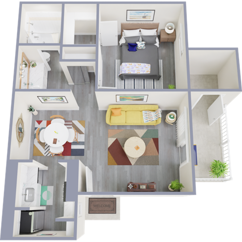 a 3d rendering of our 1 bedroom apartment at princeton court apartments in dallas